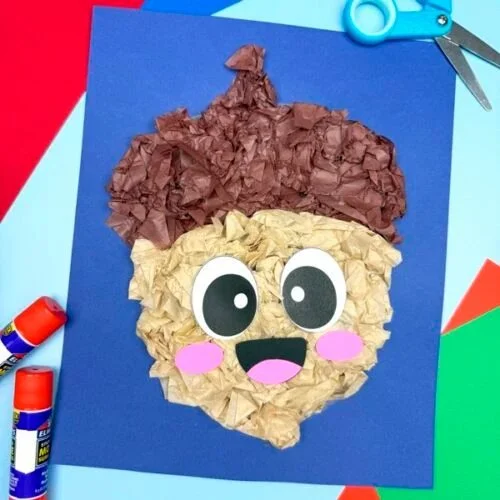 Acorn tissue paper craft with a free printable template for kids