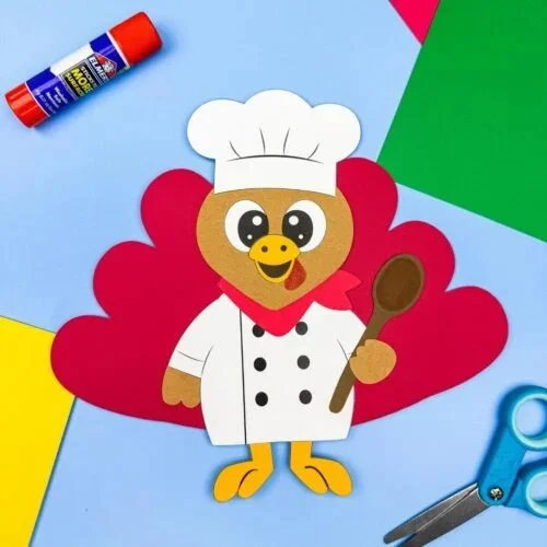 Kids crafting a Chef Turkey Disguise using a free PDF template.