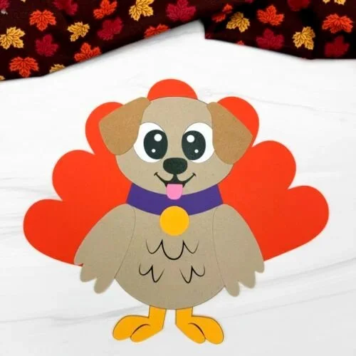 Kids crafting a dog turkey disguise with a free template for Thanksgiving fun.