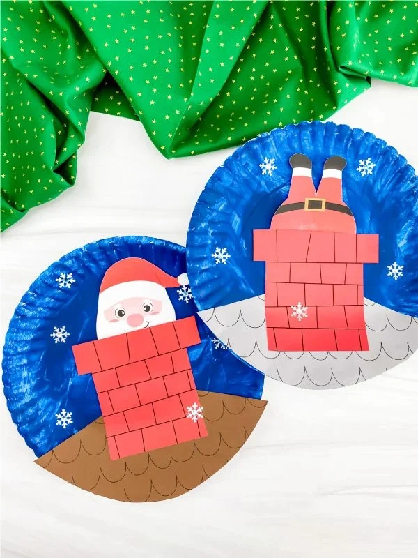 Kids moving Santa craft made from paper plates with free template.