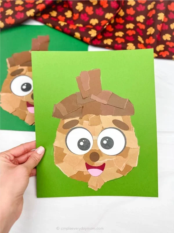 Colorful torn paper acorn craft project for kids with free template